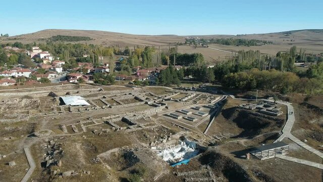 Aerial view of Alacahoyuk Archaeological Site in Corum. 4K Footage in Turkey