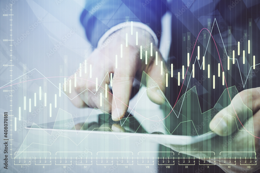 Poster multi exposure of man's hands holding and using a phone and financial chart drawing. market analysis