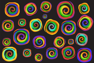 Bright hippie-style pattern made of rainbow spirals on a black background