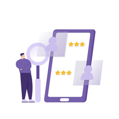 a concept of recruiting new employees or workers. illustration of an HRD or Human Resources Development staff reviewing information on prospective job applicants on a smartphone. job application.