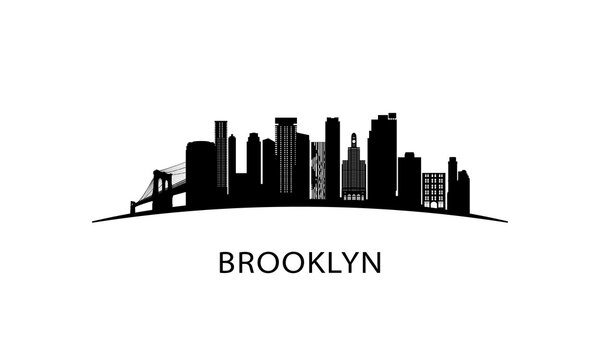 Brooklyn NY city skyline. Black cityscape isolated on white background. Vector banner.