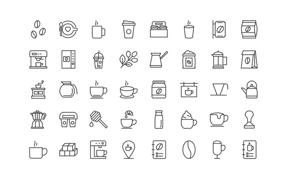 set of coffee thin line icons, coffee bean, hot coffee, ice coffee, drinks