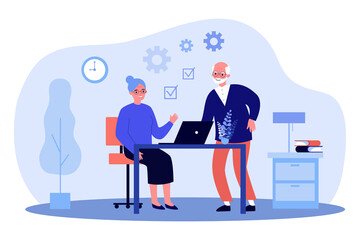 Senior couple using laptop together. Old man and woman learning app. Flat vector illustration. Retirement, communication, technology concept for banner, website design or landing web page