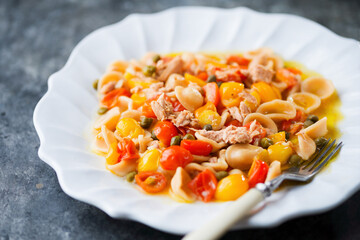 tuna orecchiette pasta with cherry tomatoes