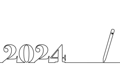 One line drawing style with a pen on the right and 2024 on the left, the year of the lord. Concept about writing, simply, yearly, celebrating, anniversary and etc. 