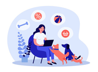 Fototapeta premium Loving dog owner buying toys for pet in online store. Ball, bone, laptop flat vector illustration. Domestic animals and shopping concept for banner, website design or landing web page