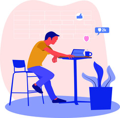 Working at home, coworking space, concept illustration. Young people, man freelancers working on laptops at home. People at home in quarantine. Vector flat style illustration.