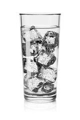 Glass of water with gas and ice cubes isolated on white. 3D rendering.