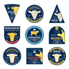 Set of vector cheese labels and packaging design elements. Cheese textures. Cow, sheep, and goat icons