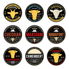 Naklejka premium Set of vector cheese round labels and packaging design elements. Different types of cheese detailed textures. Cow, sheep and goat icons