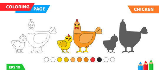 cute cartoon chicken and hen coloring page for kids education vector illustration