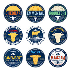 Set of vector cheese round labels. Cheese detailed textures. Cow, sheep and goat icons