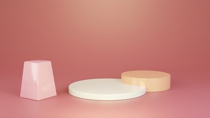 3d rendering. Abstract white geometry three shape on pink background. podium minimalist mock up scene.
