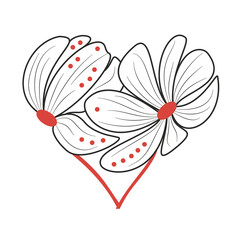 Two stylized flowers arranged in a heart shape. Hand-drawn vector, black and red colors. A symbol of love, romance, Valentine's Day. Design element for greeting cards, crafting, printing on fabric.