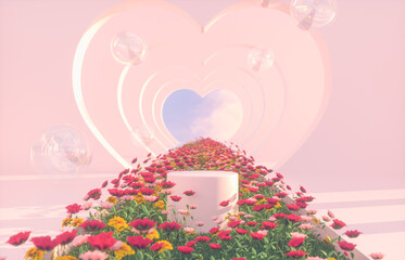 Romantic Scene with geometrical forms, arch with rose flower garden in natural day light. minimal 3d landscape background. 