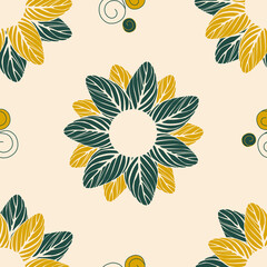 Seamless pattern of beautiful flowers from striped leaves on a pink background. Template for printing on textiles, fabric, bedding, wrapping paper, covers, wallpaper. Vector illustration.