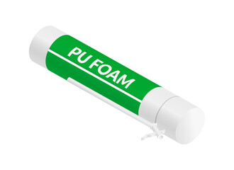 Isometric vector illustration bottle with construction foam spray for repair and insulation isolated on white background. Realistic PU foam tube icon in flat cartoon style. Building materials.