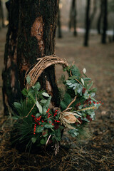 Christmas wreath of spruce with cones in a pine forest