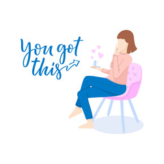 Girl character in cartoon flat style with positive lettering slogan. Minimalism female person design. Friendly concept with calligraphy phrase. Happy woman. Vector