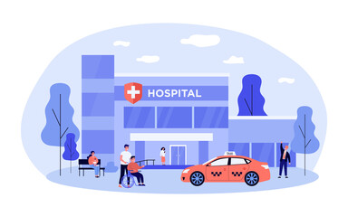 Patients, nurse, visitors and taxi in front of hospital. Wheelchair, baby, car flat vector illustration. Building exterior and medicine concept for banner, website design or landing web page © Bro Vector