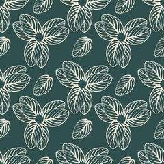 Seamless pattern of flowers from striped pink leaves on a green background. Template for printing on textiles, fabric, bedding, wrapping paper, wallpaper. 