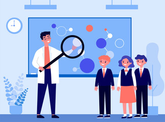 Experienced teacher explaining chemistry to kids. Magnifier, pupil, school flat vector illustration. Education and science concept for banner, website design or landing web page