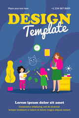 Obraz premium Cheerful naughty children drawing on wall at home. Upset mom, paints, paintbrush flat vector illustration. Active kids, childhood, activity concept for banner, website design or landing web page