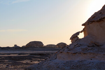 Bizarre sandstone formations in the white desert, early morning, Farafra, Egypt