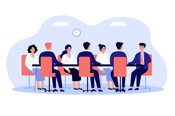 Business leader holding corporate meeting with team in boardroom. Politician talking to staff at round conference table. Vector illustration for authority, chairman, negotiations, discussion concept - obrazy, fototapety, plakaty