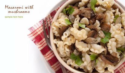 Pasta with grilled mushrooms and onions with spice, fresh parsley and onions.Village kitchen