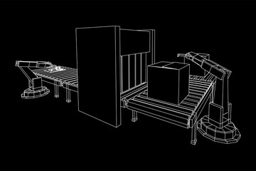 Robotic arm manufacture technology industry assembly mechanic hand. Regular roller conveyor with circuit boards and packed boxes. Wireframe low poly mesh vector illustration