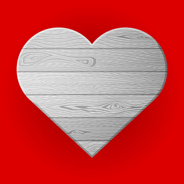 Heart symbol of wood on red background. Wooden planks in shape of heart sign. Vector image for valentines day, wedding, woodworking, romantic relationship, decoration, love, etc