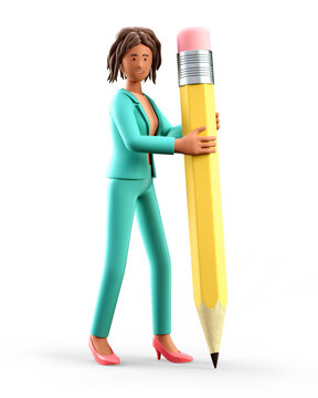 3D illustration of smiling african american woman writing with a big pencil. Cute cartoon elegant businesswoman drawing with a giant pen, isolated on white.