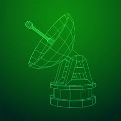 Radar. Directional radio antenna with satellite dish. Astronomy radio telescope . Wireframe low poly mesh vector illustration
