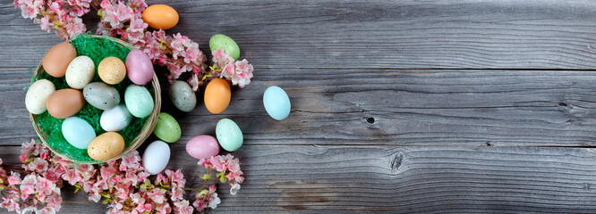 Happy Easter holiday concept with basket of eggs plus grass and cherry blossoms on rustic wooden planks
