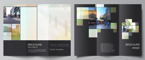 Fototapeta na wymiar Vector layouts of covers design templates for trifold brochure, flyer layout, book design, brochure cover, advertising mockups. Abstract project with clipping mask green squares for your photo.