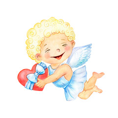 Watercolor Valentine's day illustration with cute angel cupid