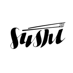 Sushi Japanese food, designed logo, the digital handwritten title for postcards, banners, posters, pictures ads, packaging products, travel postcards, brochures.