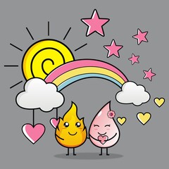 illustration of fire and water icons under a rainbow, this illustration is suitable for animation etc.