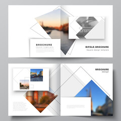 Vector layout of two covers templates with geometric simple shapes, lines and photo place for square design bifold brochure, flyer, magazine, cover design, book, brochure cover.