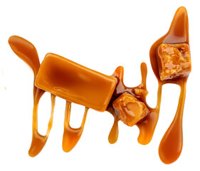 Sweet Caramel candy with caramel sauce isolated on a white background close up.