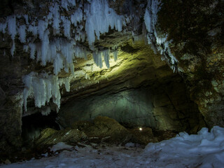 ice stalactites and stalagmites in the cave. Perm, Russia