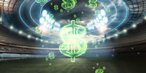 Close-up image of the American dollar sign against the background of the stadium. The concept of...