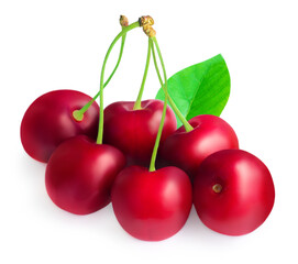 Cherry isolated on white background.  Cherries with leaves and stems close up.