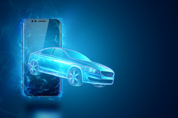 Mobile GPS navigation, hologram image of a car leaving the smartphone screen. 3D rendering, 3D...