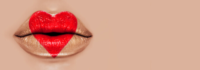 Valentine Heart Kiss on the Lips. Makeup. Beauty Sexy Lips with Heart Shape paint. Valentines Day....