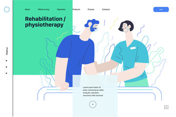 Medical insurance web page template- rehabilitation and physiotherapy -modern flat vector illustration -physiotherapist helps patient walking using training parallel bars, medical office, laboratory