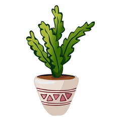 Vector hand drawn illustration of tropical houseplant Calathea. A member of the plant family Marantaceae in a pot with triangular pattern for interior design, website, plant magazine, shop, banner