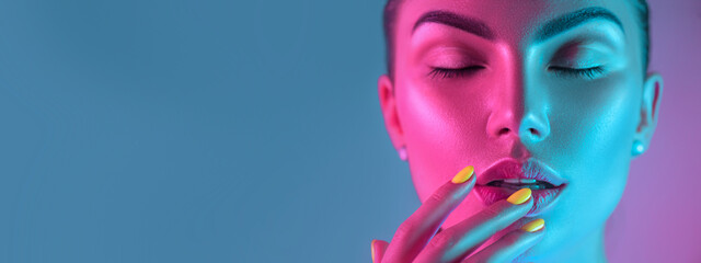 Fille modèle haute couture dans des lumières UV lumineuses colorées posant en studio, portrait de belle femme avec maquillage tendance et manucure. Design artistique, maquillage coloré. Sur fond coloré