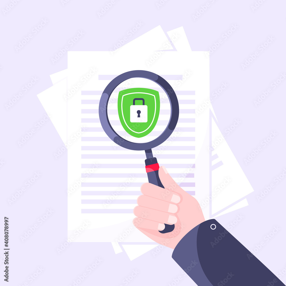 Wall mural privacy policy, safety lock and data protection metaphor. hand hold magnifier shield with padlock on